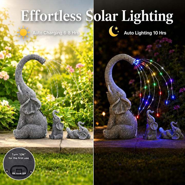 Yeomoo Elefanten Deko Gartenfiguren mit Solar Lichterkette Aussen: Elefant Mutter mit 2 Baby Elefant