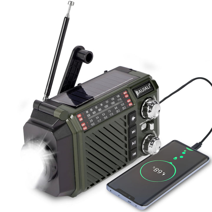 Kurbelradio Notfallradio mit 2600mAh Powerbank, Solar & USB-C Ladung, AM/FM/SW Weltempfänger, LED-Ta