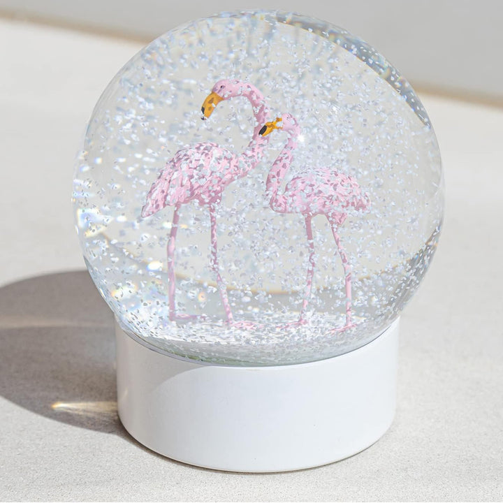Mingfuxin Flamingo Schneekugel Kristallkugel mit weissem Sockel, weisse Flocken, Glas-Schneekugel Fl