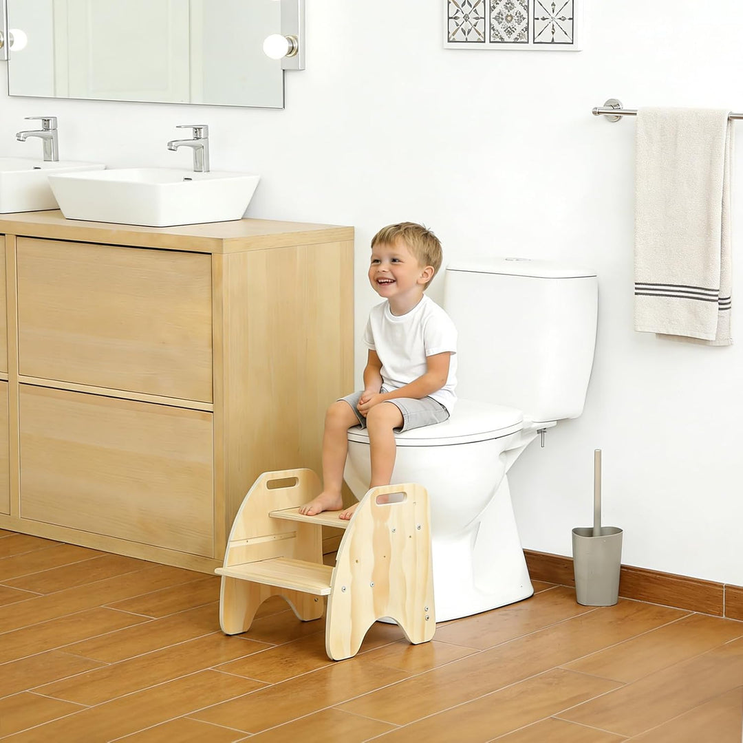Comfoyar Tritthocker Kinder Holz, 2 Stufenhocker für Kinder mit Griff und Rutschschutzkissen, Cabrio