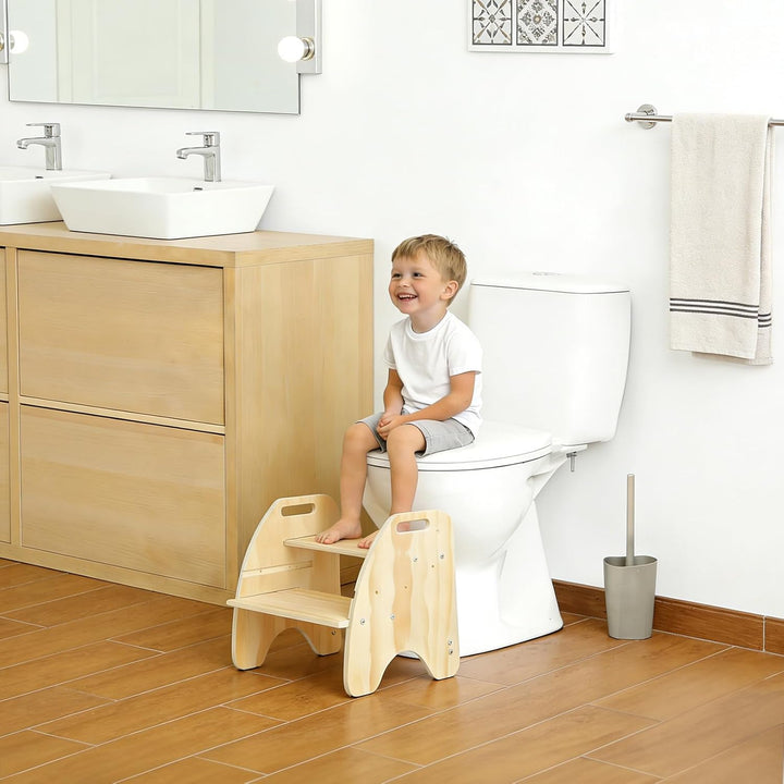 Comfoyar Tritthocker Kinder Holz, 2 Stufenhocker für Kinder mit Griff und Rutschschutzkissen, Cabrio