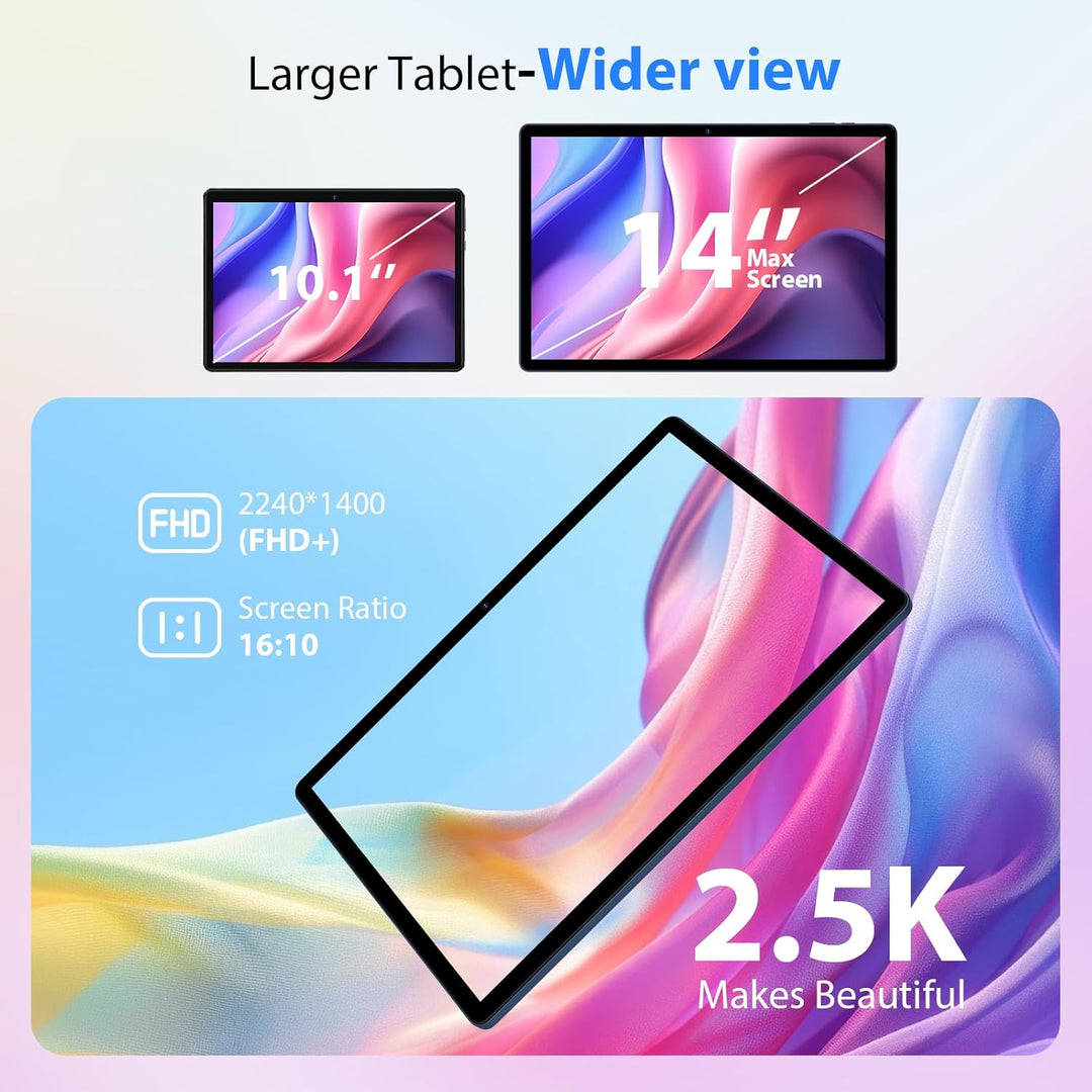 2,5K Android 15 Tablet 14 Zoll, 4G LTE/5G WLAN, 2240x1400FHD, 36GB RAM+512GB ROM (2TB erweiterbar),