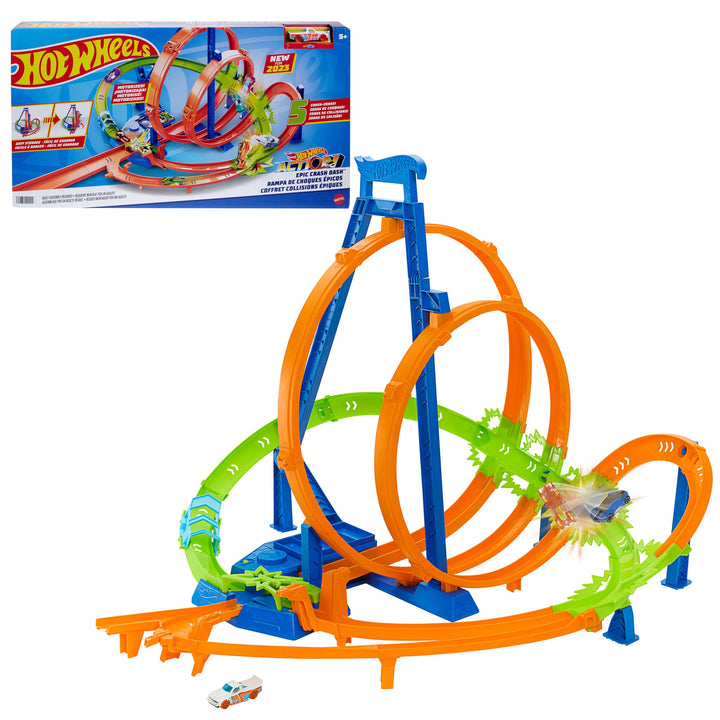 Hot Wheels Track Set, Episches Crash-Rennen mit 5 Crash-Zonen, motorisiertem Beschleuniger und 1 Aut