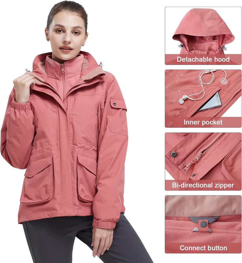 OutPro Damen 3-in-1-Skijacke wasserdicht winddicht Winterjacke Outdoor Wandern mit Fleece gefüttert