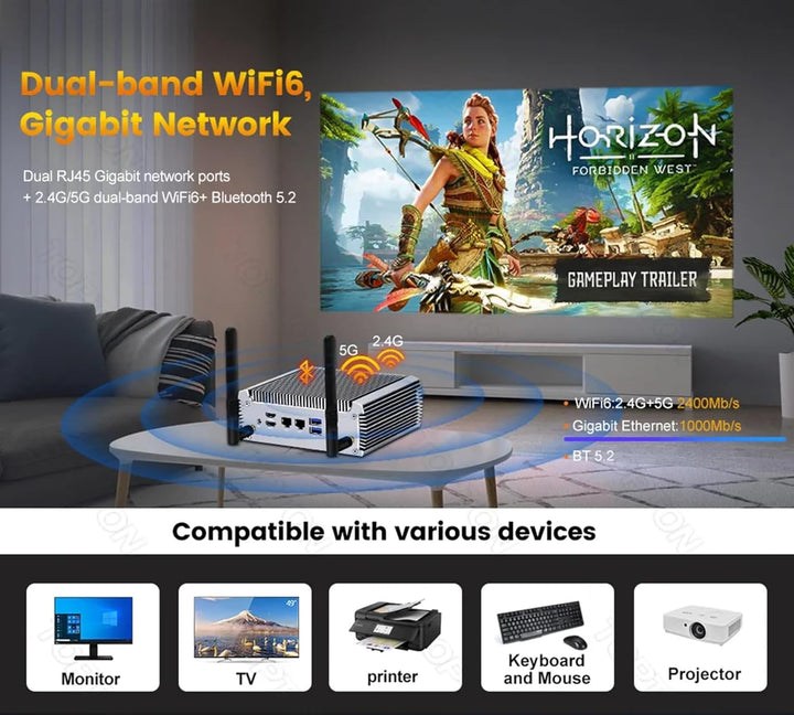 Lüfterloser Mini PC FU02 Ryzen 7 7730U Gaming Mini Computer Win11 Dual LAN Firewall Router 2*HDMI2.0