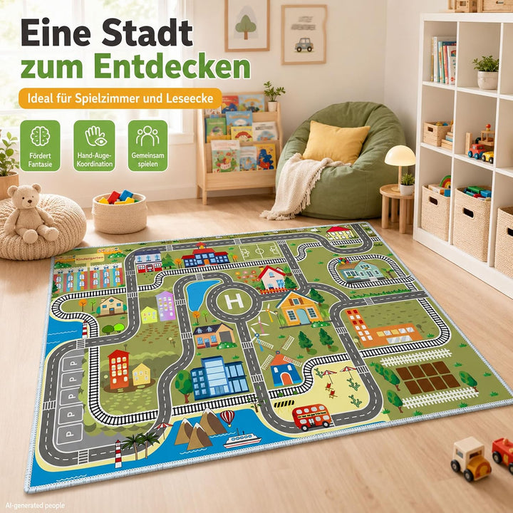 Kinder spielteppich Auto Jungen & Mädchen Teppich Strassenteppich Bauteppich Stadtstadt Lernbereich