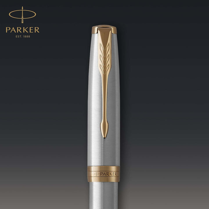 Parker Sonnet Füller | Edelstahl mit Goldzierteilen | Füllfederhalter mit feiner Feder | Geschenkbox