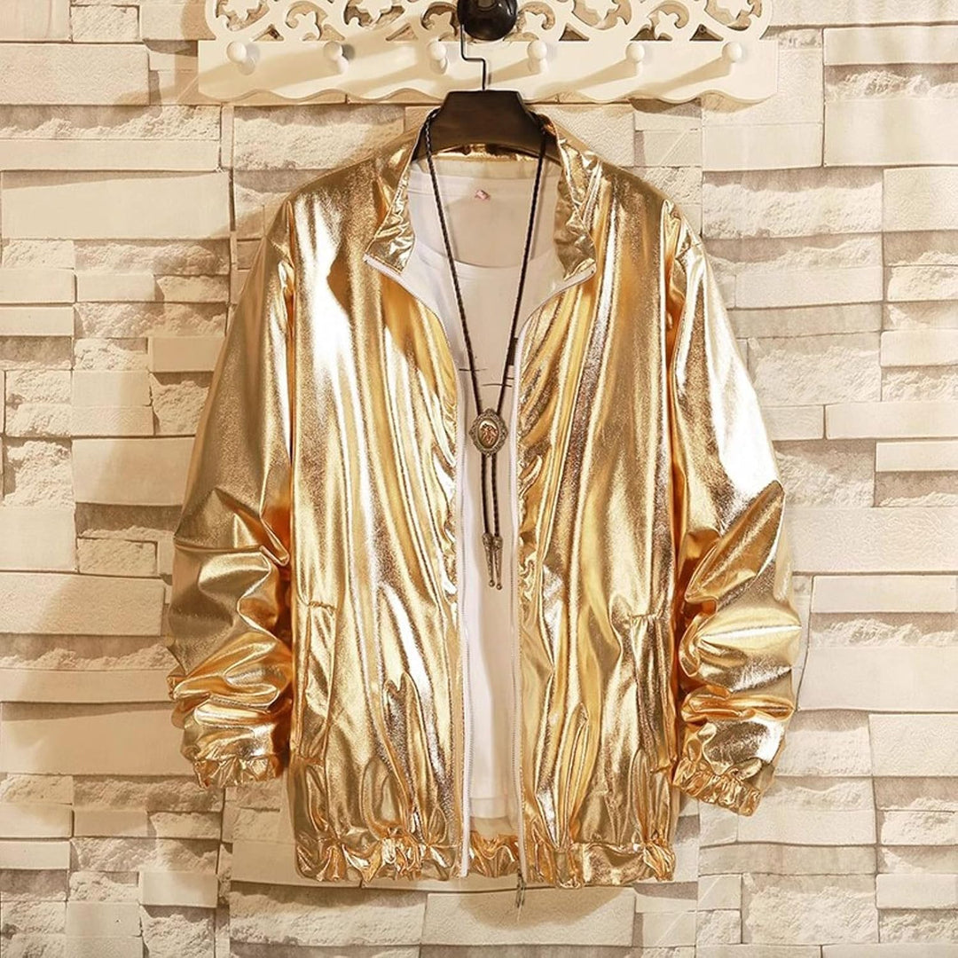 Duohropke Herren Metallic Nightclub Jacke Slim Fit Reissverschluss Varsity Baseball Bomber Glänzend