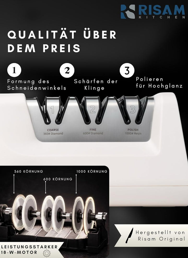 Messerschärfer elektrisch – 2-Stufen Schleifsystem – Messer schärfen für Küchenmesser & Keramikmesse