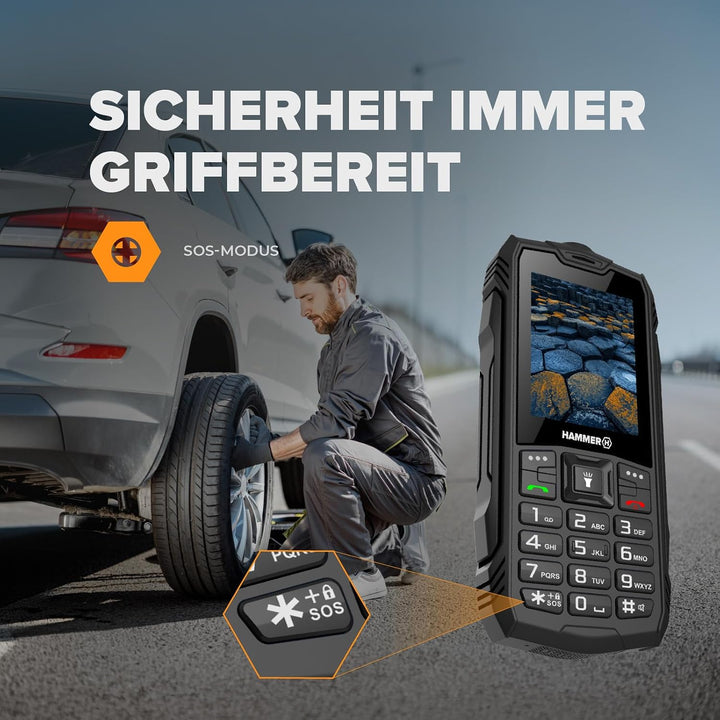 Hammer H Basalt Outdoor Handy ohne Vertrag, 2.4 Zoll Farbdisplay, Robust, Mega Batterie 1800 mAh, Wa