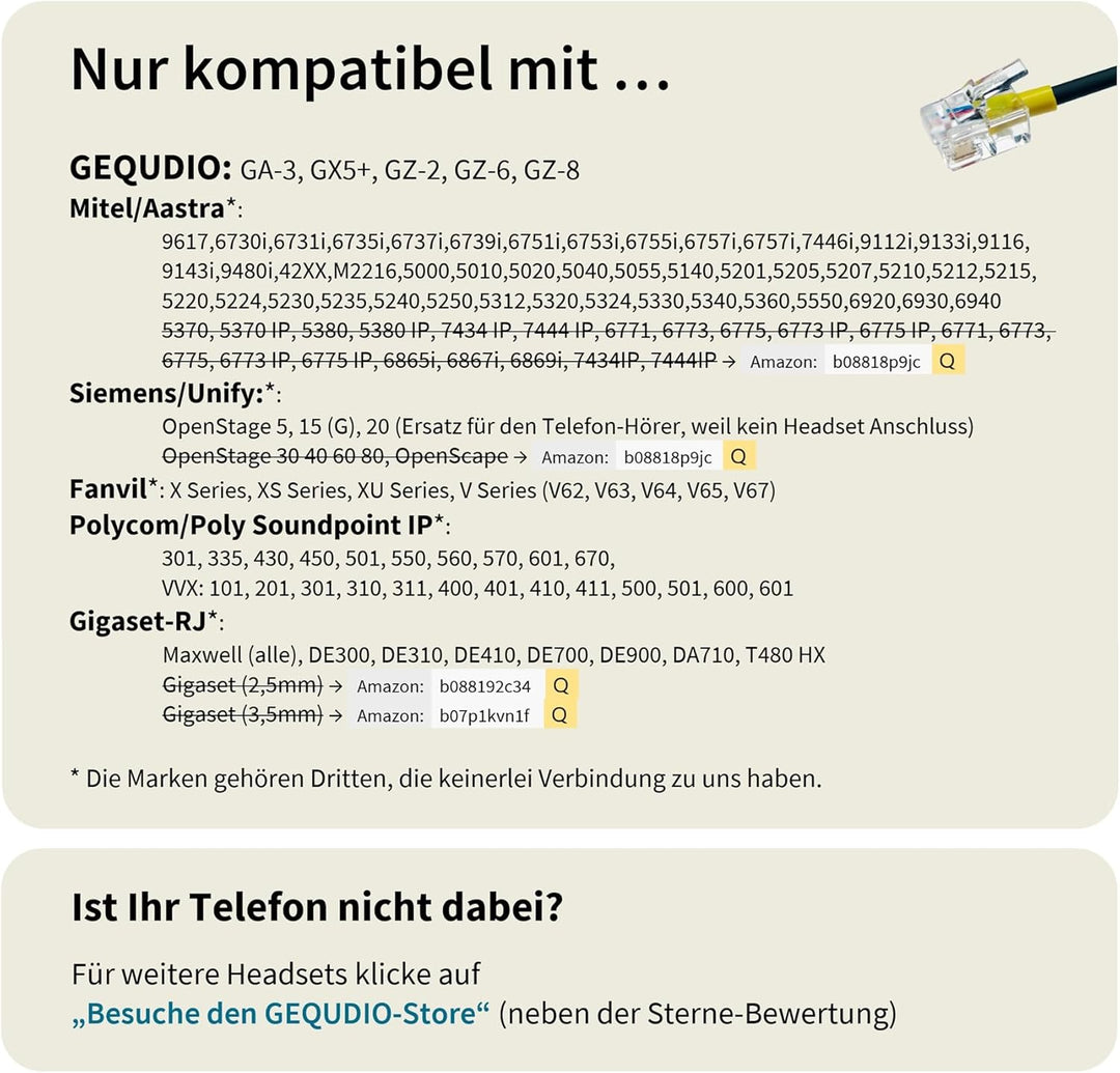 GEQUDIO Headset für GX3+ GX5+ und kompatibel mit Mitel, Aastra, GEQUDIO, Poly/Polycom und Gigaset-RJ