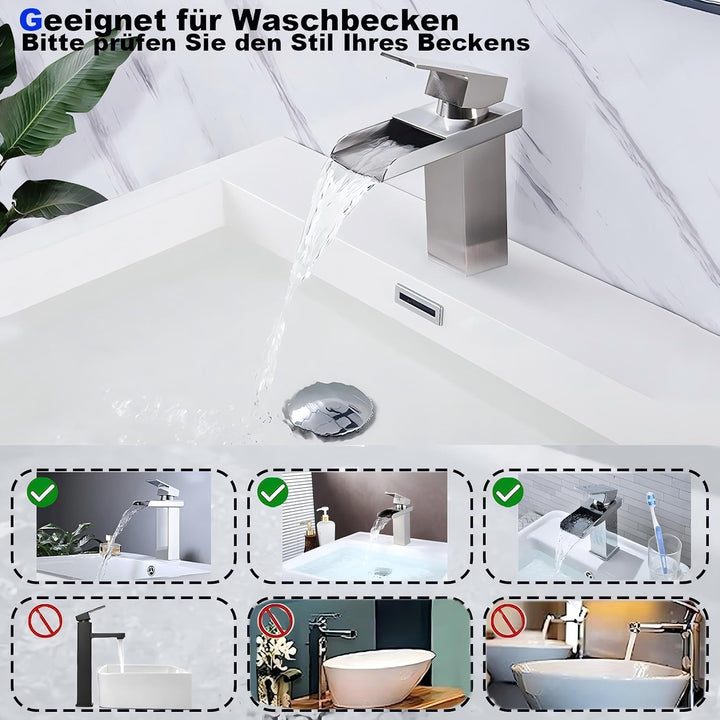 Wasserfall-Badezimmerarmatur, Badezimmerarmatur aus Edelstahl und Messing, Wassersparend, Waschtisch