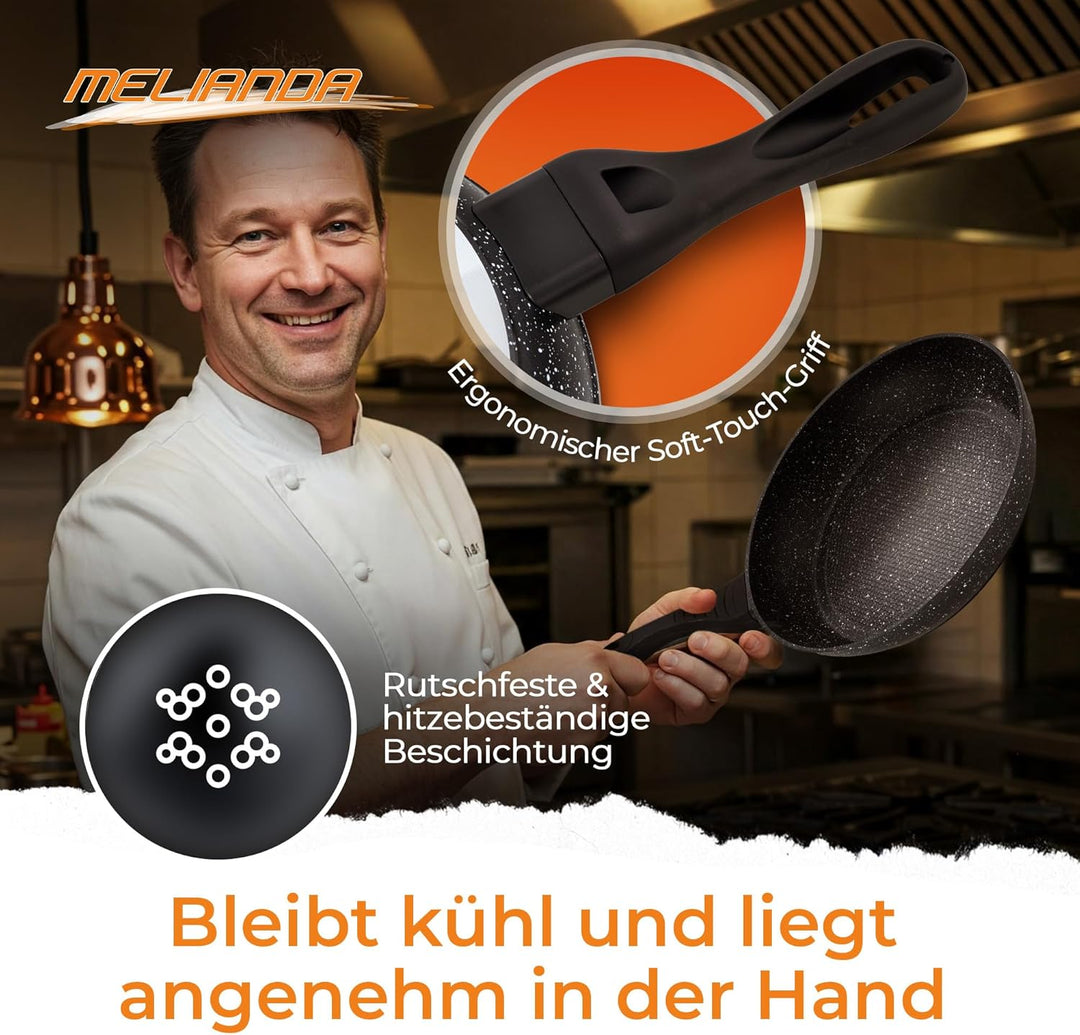 melianda IT-3000 3tlg Pfannenset 20cm - 24cm - 28cm antihaft Marmoroptik Elektro, Glaskeramik, Gas,