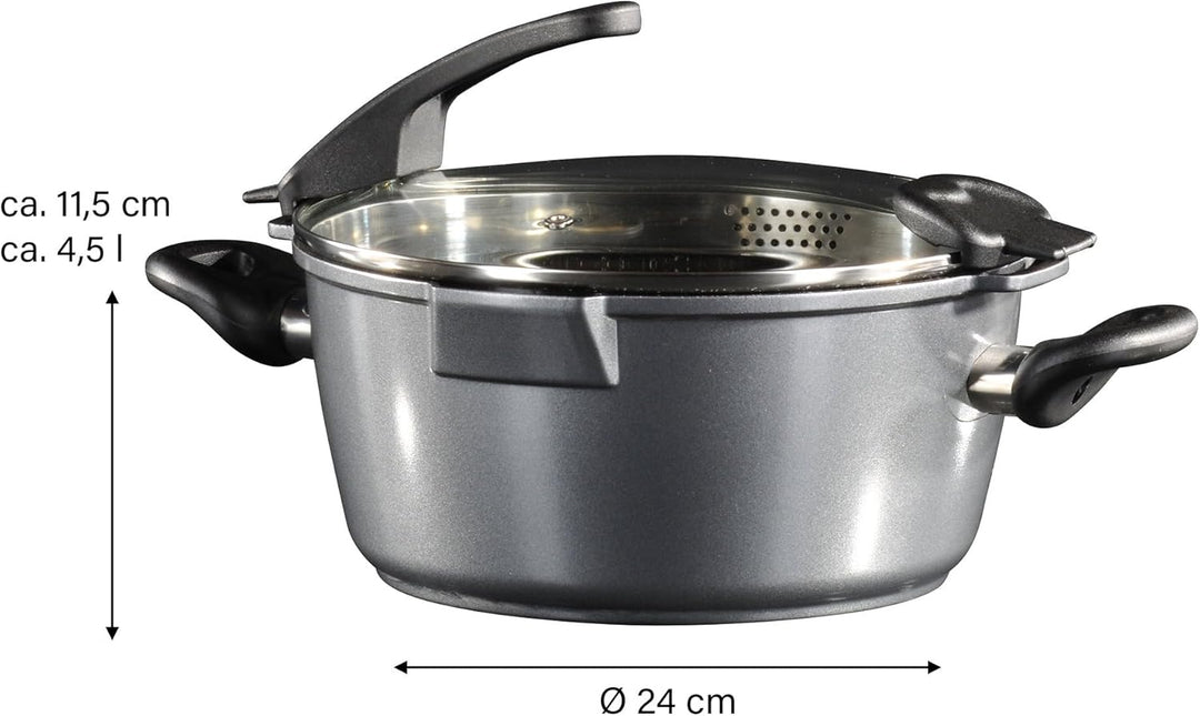 STONELINE® FUTURE Bratentopf 24 cm, mit Sieb-Glasdeckel, induktionsgeeignet, Aluguss, Antihaftbeschi