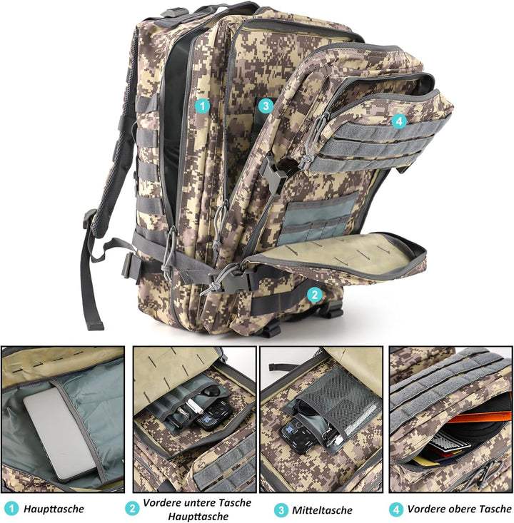 TANTOMI Taktischer Rucksack, 45L Militär Rucksack, Outdoor Rucksack, Travel Backpack, Tactical Backp