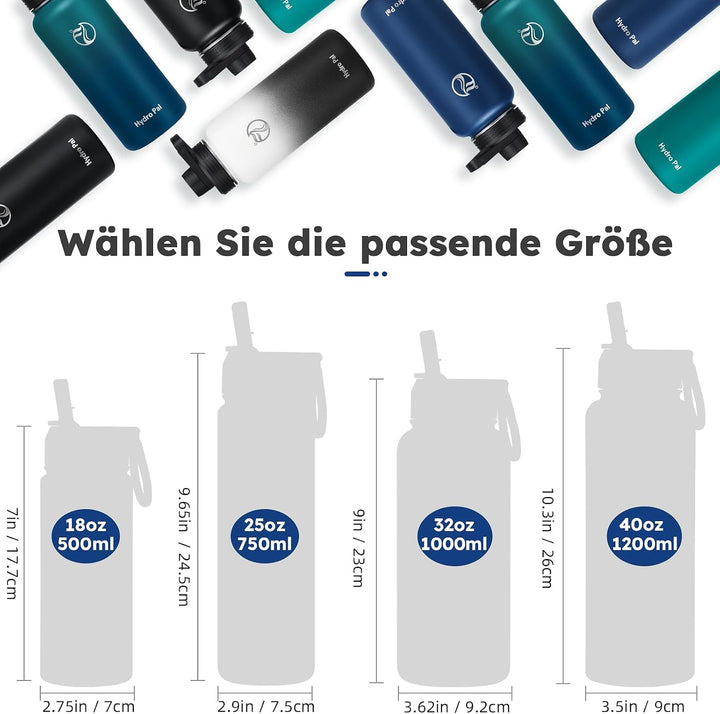 HydroPal Edelstahl Trinkflasche - 750ml, 1L, 1,2L, BPA-Frei, Kohlensäure geeignet, Isolierte Thermos