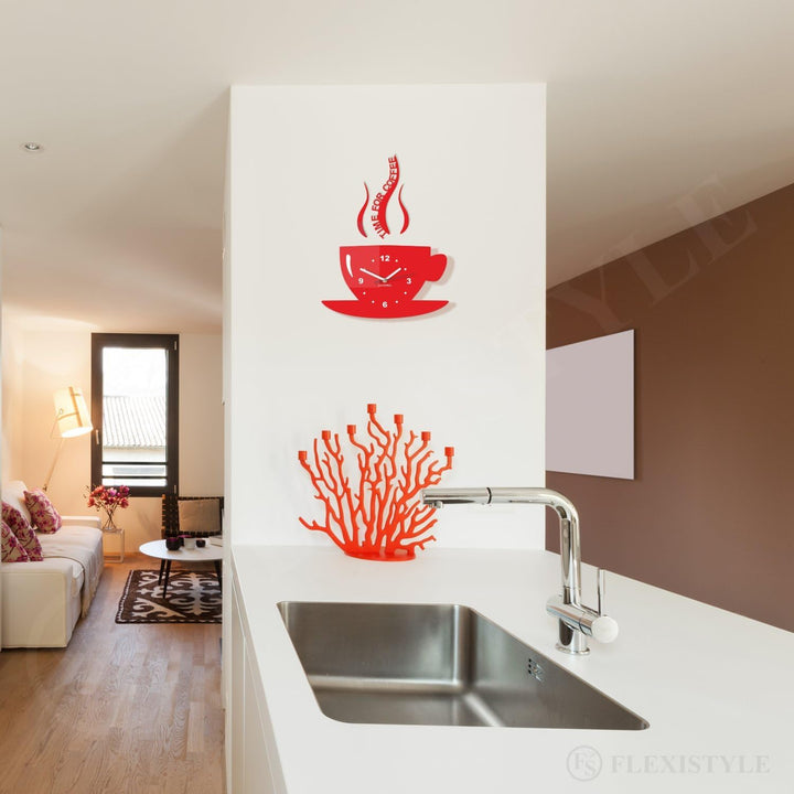 FLEXISTYLE Tasse Time for Coffee (Zeit für Kaffee) Moderne Küche Wanduhr rot, 3D römisch, wanduhr de