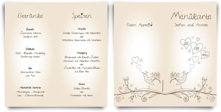 Menükarten Hochzeit Personalisiert mit eigenem Text, Speisekarte und Getränkekarte (50 Stück, Menge