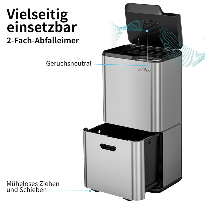 mVm Mülleimer Küche,63 Liter Treteimer,3 Fächer, Mülltrennsystem, Abfalleimer Küche mit Inneneimer a