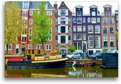 Premium Textil-Leinwand 45 x 30 cm Quer-Format Amsterdam - Gracht mit Hausboot | Wandbild, HD-Bild a