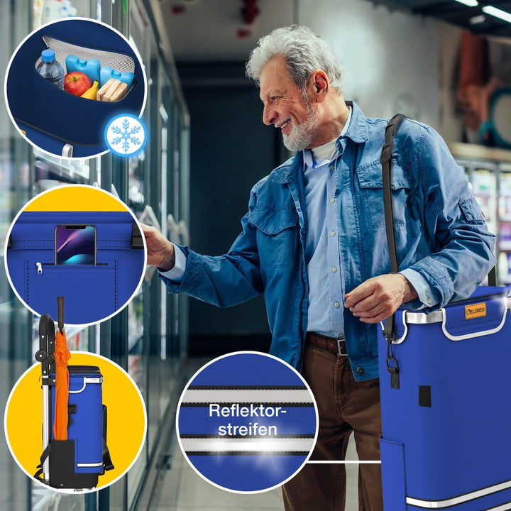 maxVitalis Einkaufstrolley klappbar, Einkaufswagen mit Kühlfach, 3in1 Trolley, Sackkarre & Umhängeta