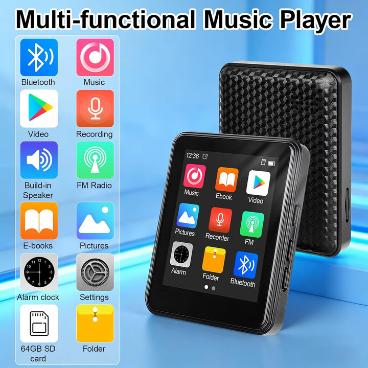 64GB MP3 Player Bluetooth 5.2 - MP3-Player 2.4" Full Touchscreen Tragbarer MP3 Player mit Lautsprech
