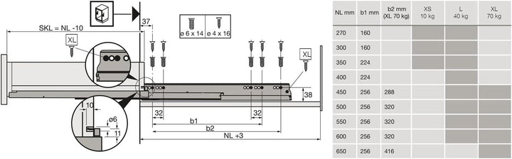 Hettich Vollauszug Actro YOU L Belastbarkeit 40 kg, Länge 500 mm, links und rechts