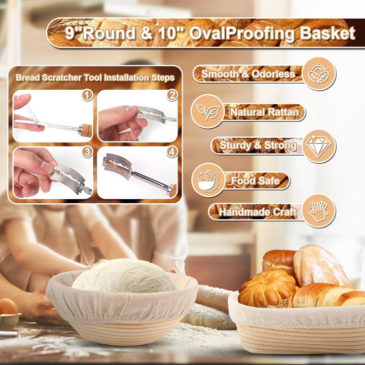 10 Stück Sauerteig Starter Set, 23 cm runde und 25 cm ovale Gärkörbchen, 730 ml Gärgläser, Teigbackz