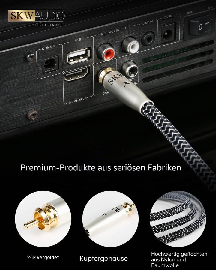SKW High End Cinch RCA Digitales Koaxialkabel, Kupfer und Silberlitzendrähte Cinch auf Cinch S/PDIF