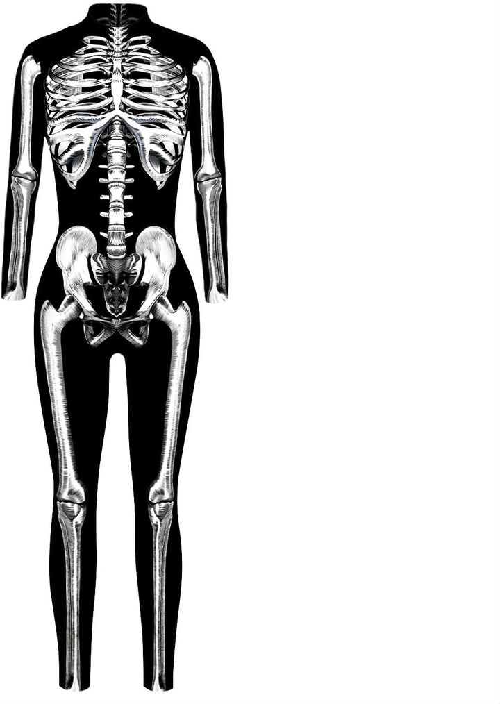 Shmily Girl Skelett Kostüm Damen Herren Halloween Kostüme Cosplay Overall Bodysuit Schwarz Weiss L,