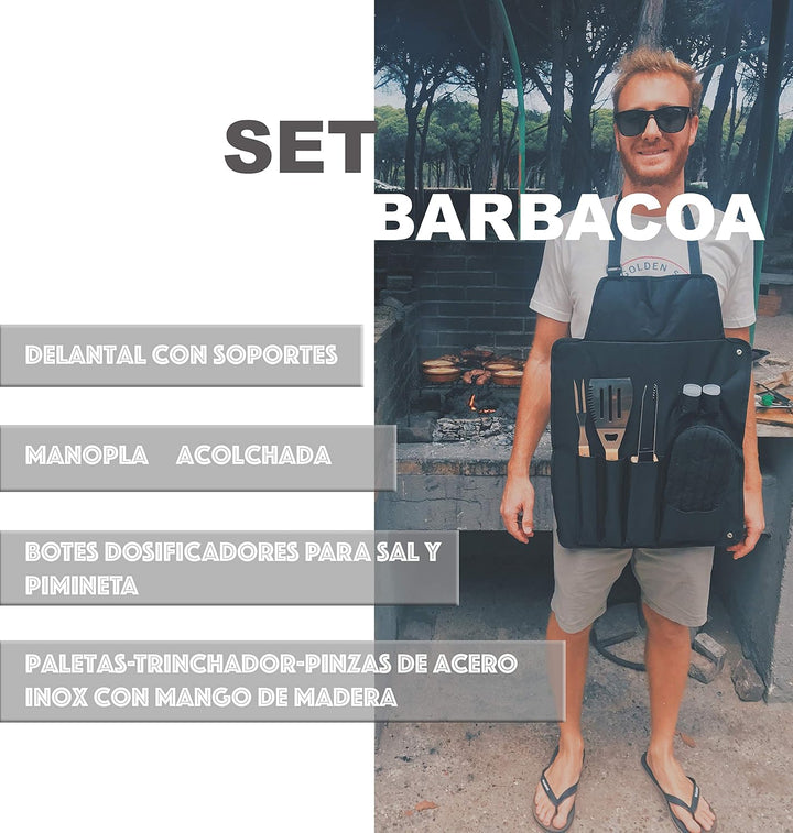 Profi Grillset mit Schürze und 7 Grillutensilien aus Edelstahl Barbecue Set mit Handschuh Pfannenwen