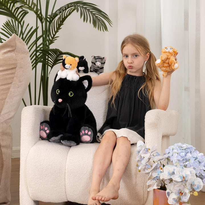 MorisMos 5 stücke Plüsch Katzen, 40cm hoch riesen schwarz Katze Kuscheltier XXL mit Kätzchen Baby im