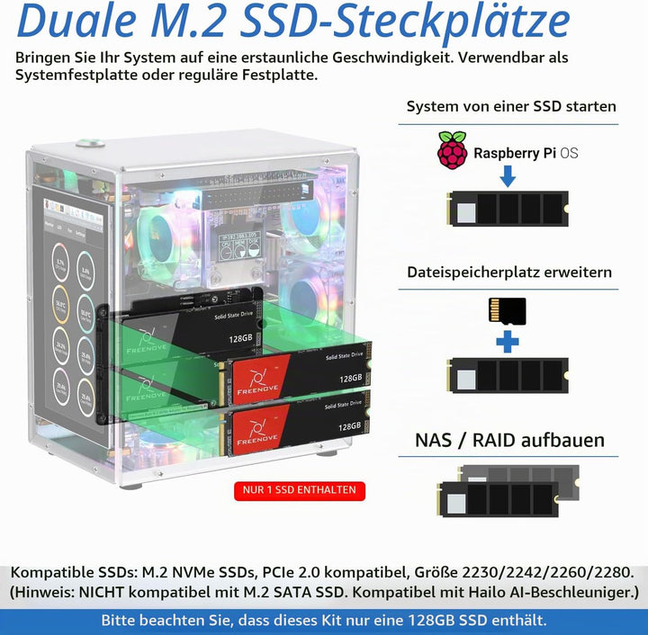 FREENOVE Raspberry Pi 5 Case Kit Pro (with 1x 128GB SSD), Dual M.2 NVMe SSD Slots, 5 PWM ARGB Fans L