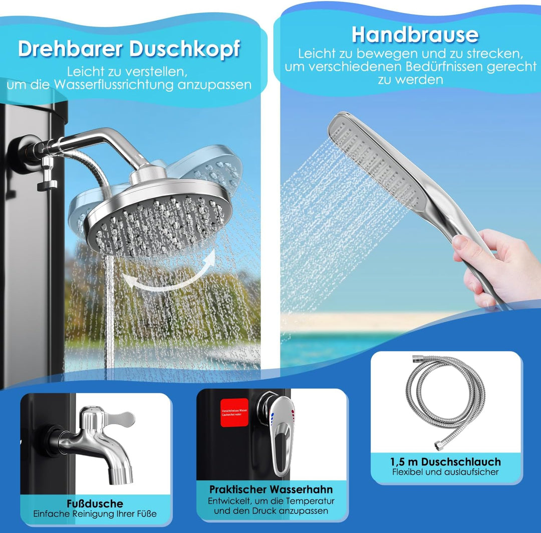 Solardusche 40L Solar Gartendusche mit 360°Regenduschkopf, Wasserhahn und handbrause, Warmes Wasser