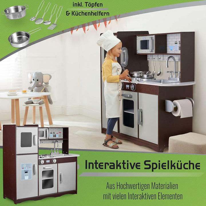 Balinco Kinderküche aus Holz mit Kochgeschirr-Set, Spielküche mit Zubehör & interaktiven Funktionen,