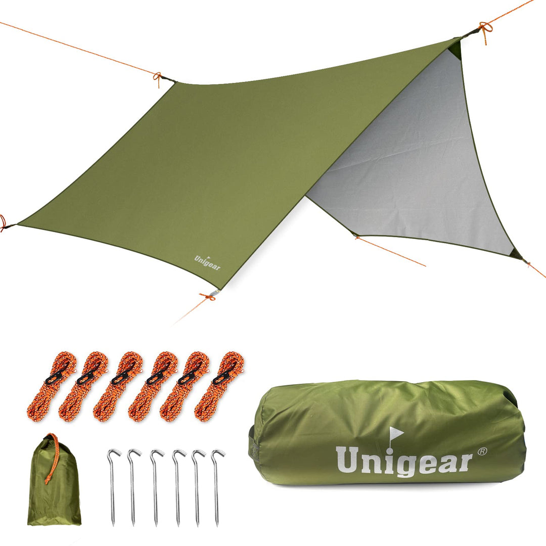 Unigear Zeltplane wasserdicht, 350x290cm/450x420cm sechseckig Tarp mit Ösen + 6 Aluminium Erdnägel+