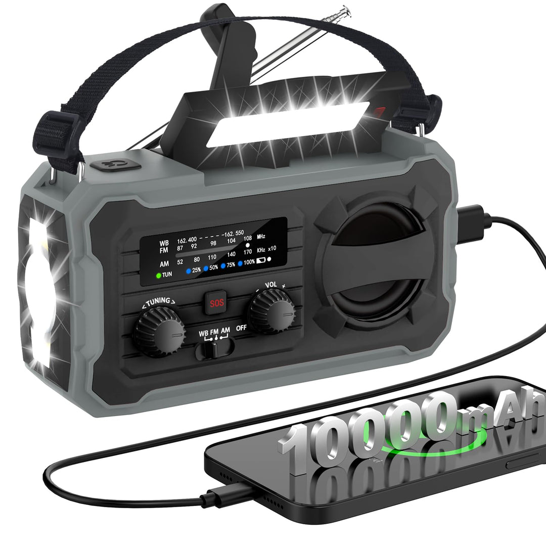 Kurbelradio, Tragbares Solarradio mit AM/FM, 10000mAh Powerbank, Notfallradio mit SOS-Alarm, LED-Tas