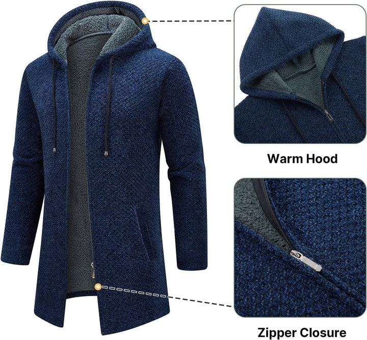 KUDORO Strickjacke Herren Cardigan Lang Trachtenjacke Kapuze mit Kapuze Gestrickt Pullover Hoodie Wi