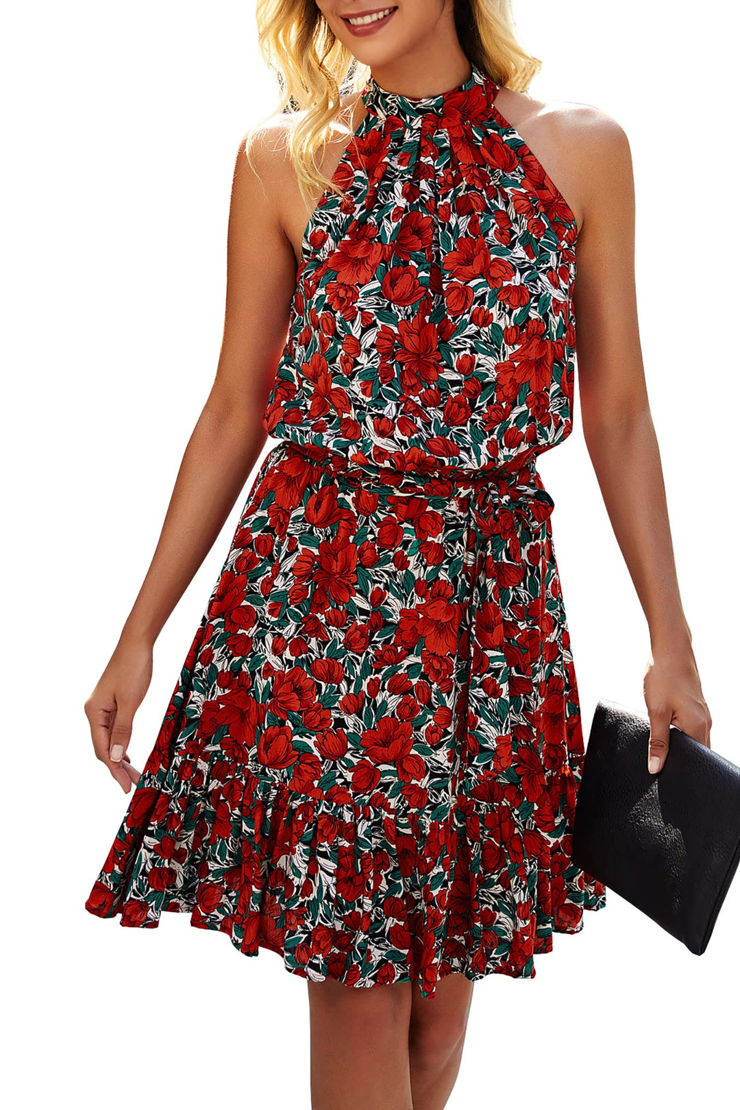 Damen Blumen Kurz Sommerkleid Ärmellos Halter Neck Strandkleid Rüsche Sommer Boho Kleider mit Gürtel