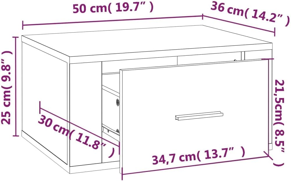 WIFESE Wand-Nachttisch Braun Eichen-Optik 50x36x25 cm Nachtschrank Nachtkästchen Bedside Table Night