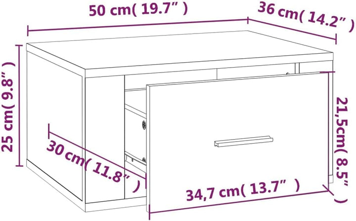 WIFESE Wand-Nachttisch Braun Eichen-Optik 50x36x25 cm Nachtschrank Nachtkästchen Bedside Table Night