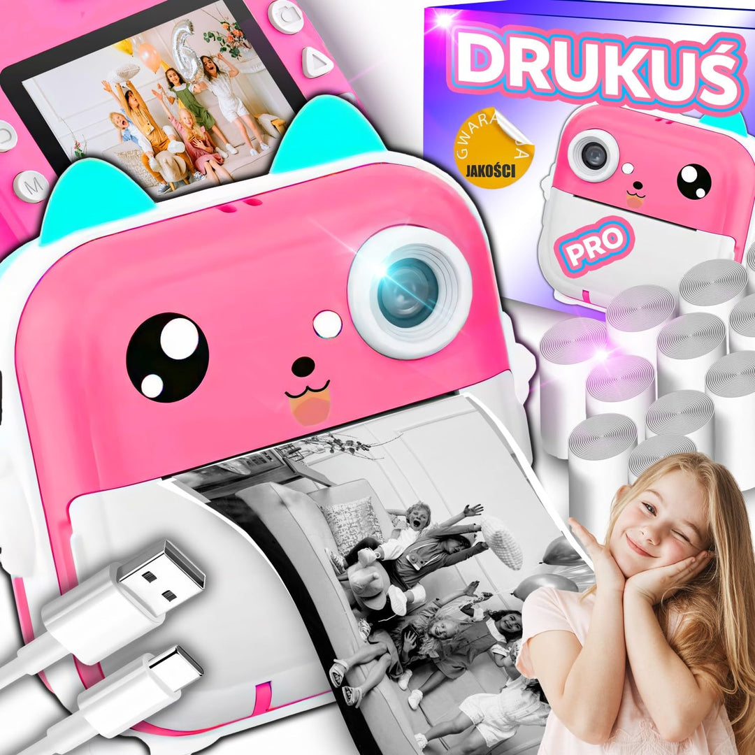 Retoo Kinderkamera mit 11 Rollen, Mini Taschendrucker, Sofortbildkamera 1080P – Mobiler Fotodrucker,