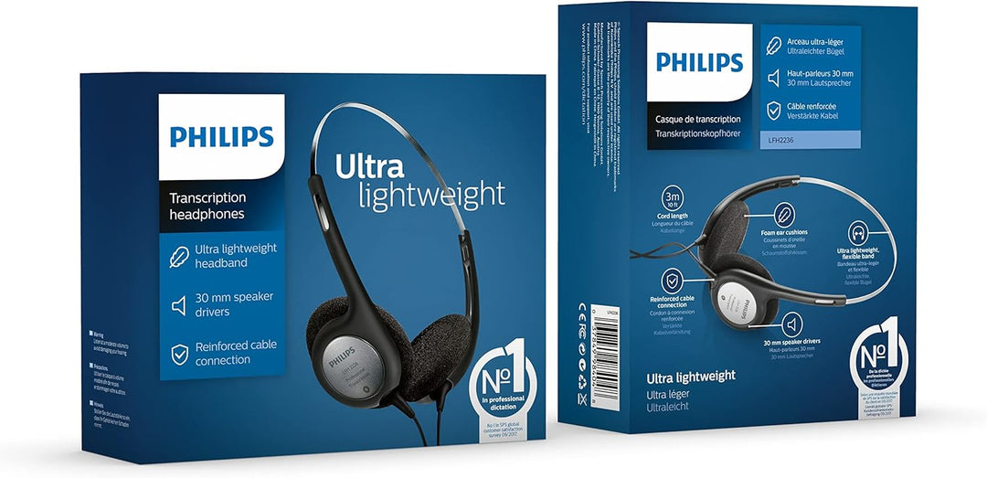 Philips LFH2236 Stereo Kopfhörer für Diktier-und Wiedergabegeräte mit 3.5 mm Klinkenstcker, Ohrpolst