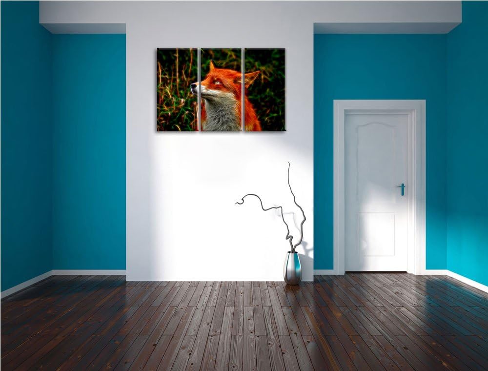 Süsser Fuchs im Wald 3 Teilig, Gesamtgrösse 120x80 cm auf Leinwand, XXL riesige Bilder fertig gerahm