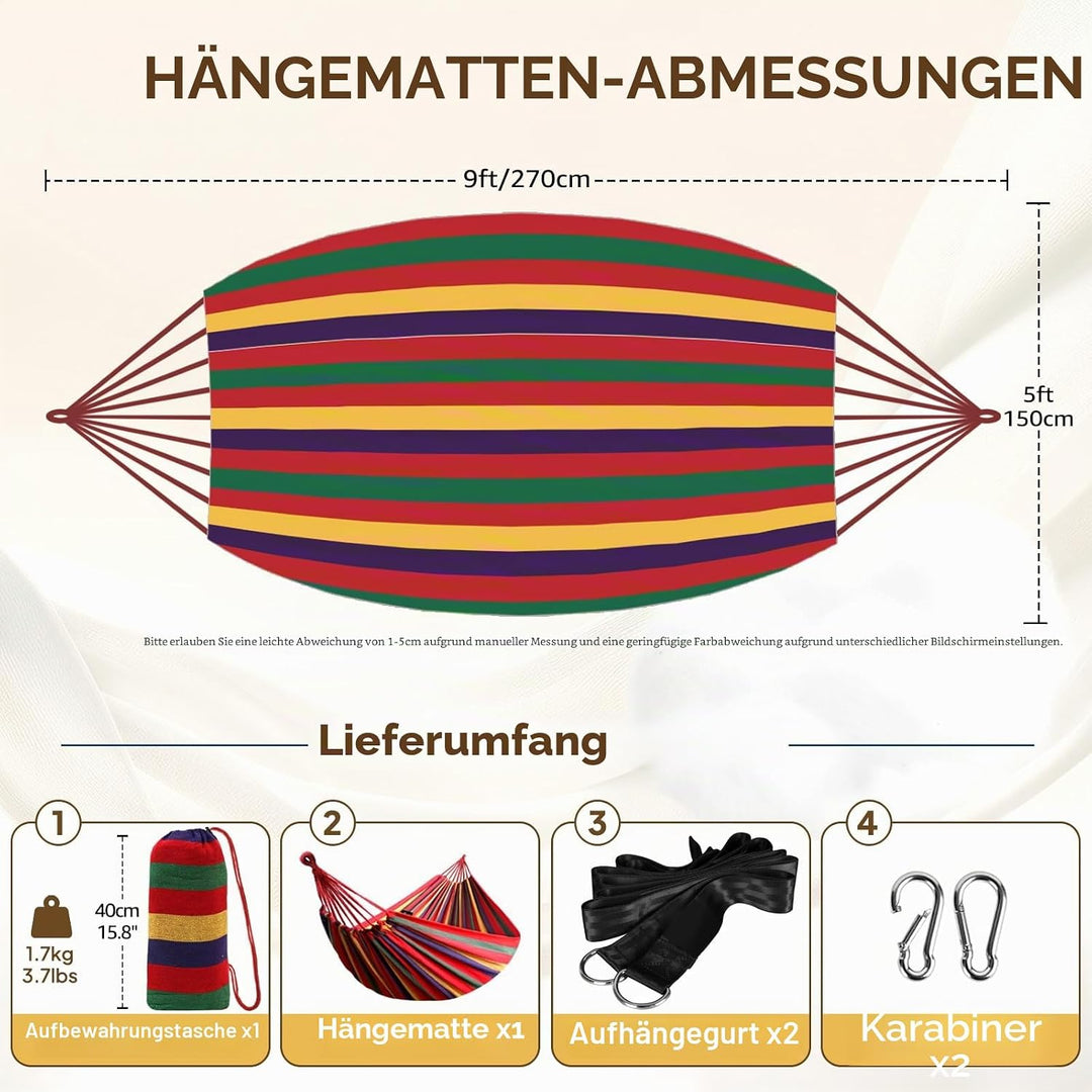 ANYOO Hängematte Outdoor Baumwolle Bequemer Stoff mit Baumfreundlichen Gurten zum Aufhängen, Robuste