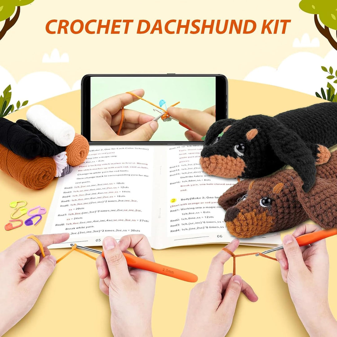 CEWROM Häkelset für Anfänger, 2 Komplett Dackel Hund Häkeln Set, mit Garnhaken, Nadeln, Häkelset, An