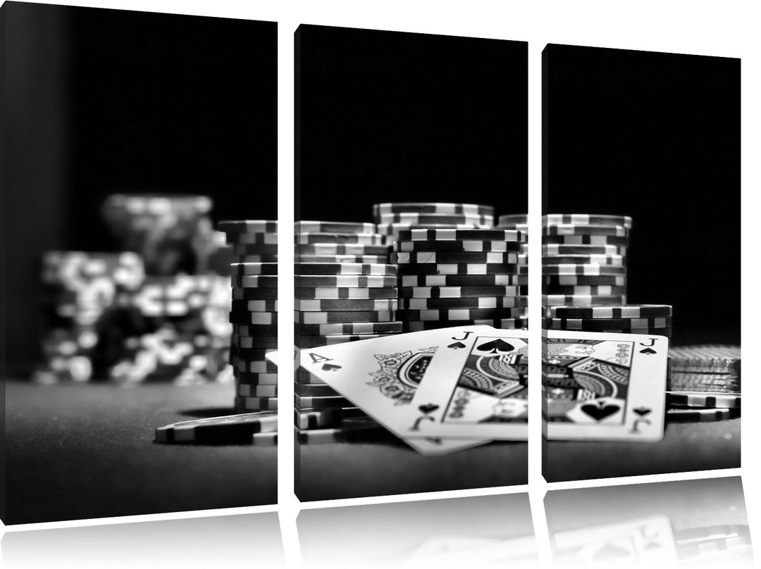 Pixxprint Monocrome, Pokertisch mit Karten in Las Vegas 3-Teiler Leinwandbild 120x80 Bild auf Leinwa