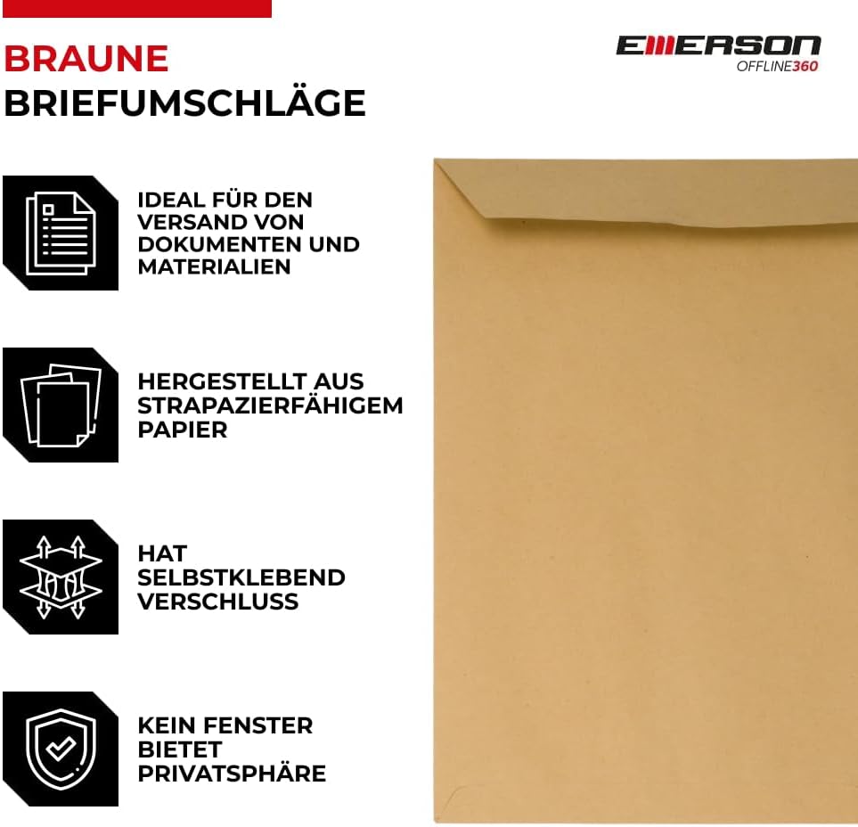Emerson 250x Versandtasche DIN C4 Braun 229 x 324 mm 90g grosse Briefumschläge ohne Fenster gerade K