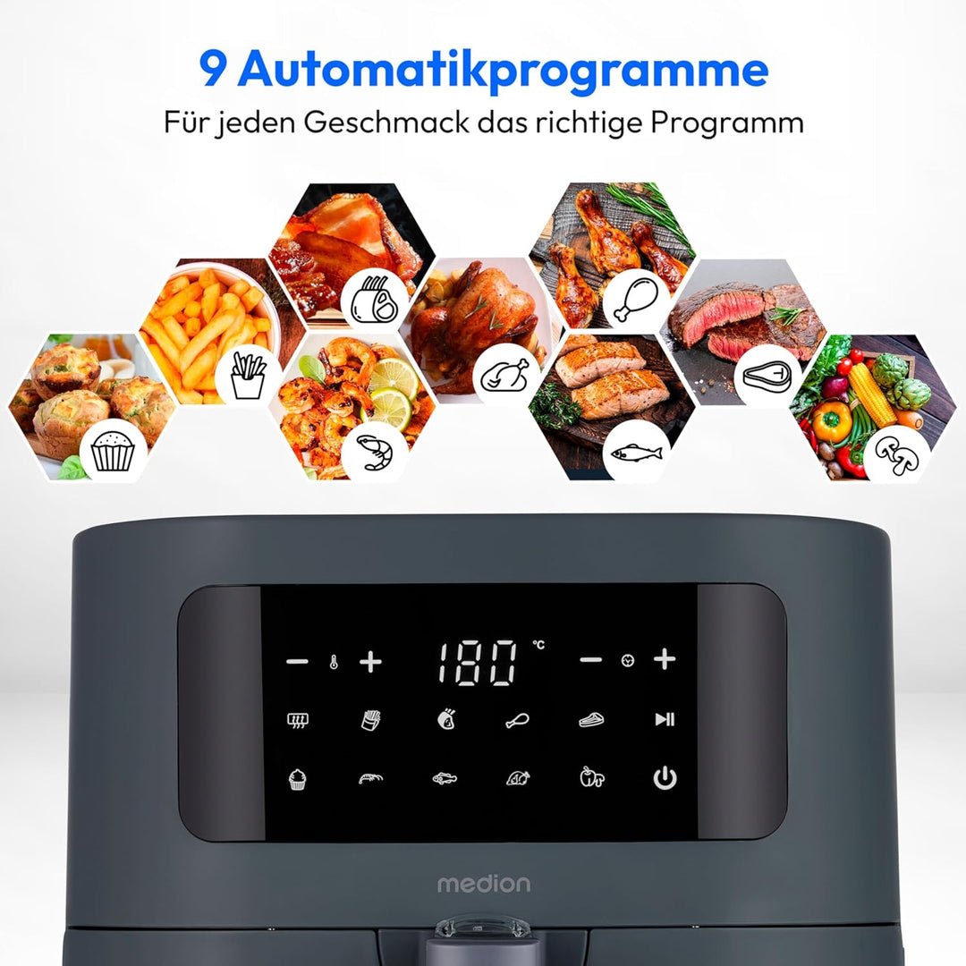 MEDION E40 XL Heissluftfritteuse (5,2 Liter, Airfryer, 2.150 Watt, 9 Automatikprogramme, Backfunktio