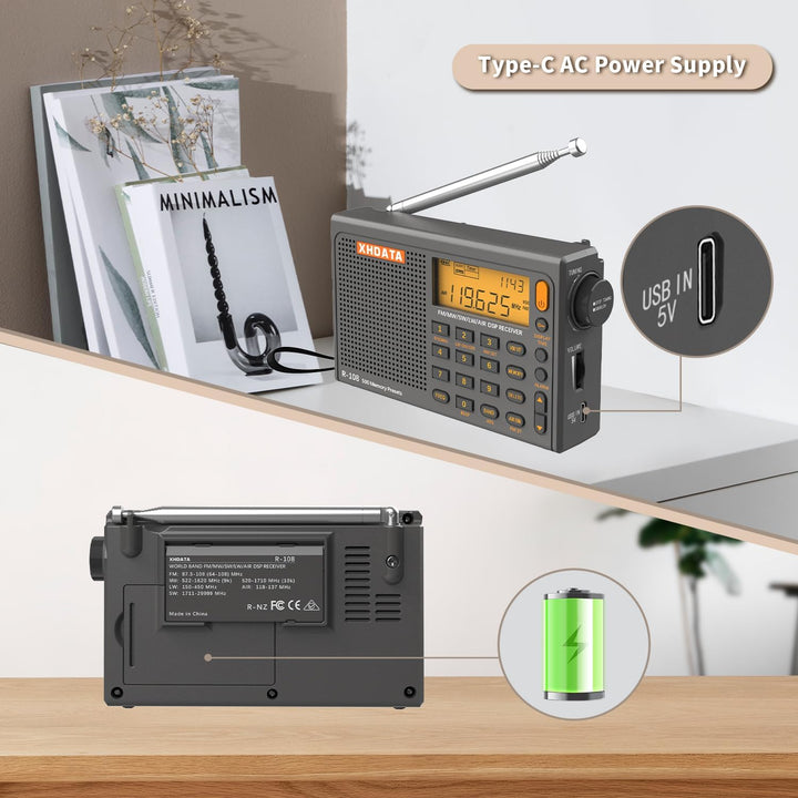 XHDATA R-108 Kleines Tragbare Radios Wiederaufladbares Batterieradio UKW FM AM SW Airband Radio welt